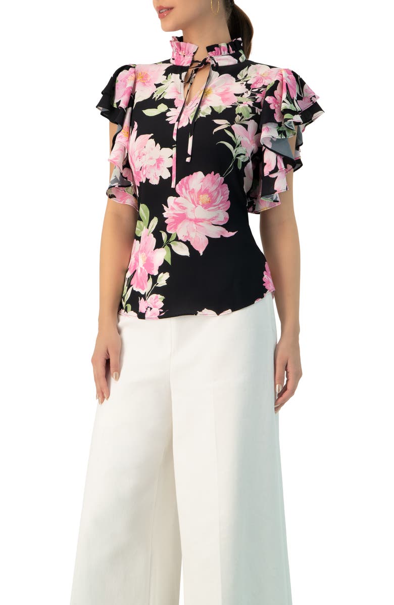 IVONNE Floral Print Blouse with Ruffle Sleeves, Alternate, color, Black