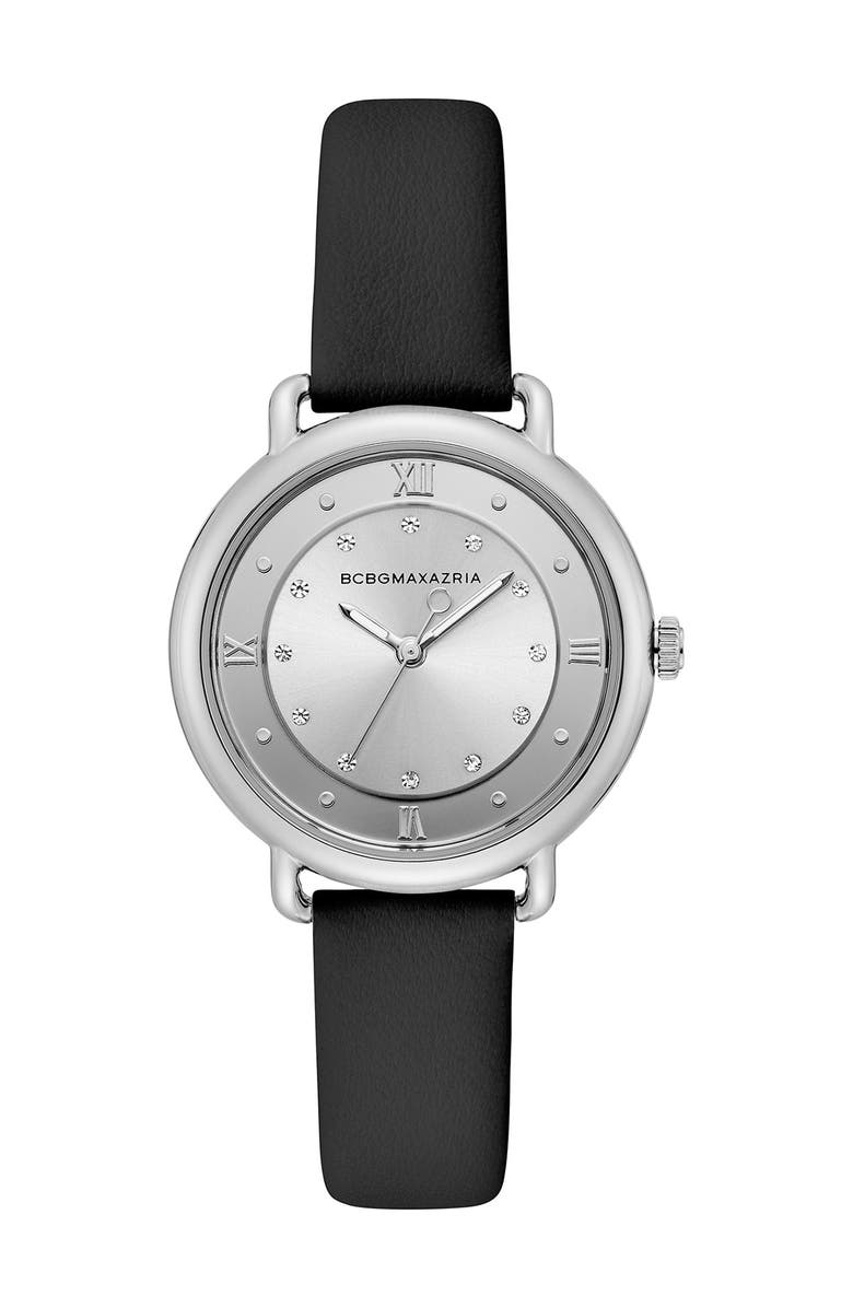 BCBGMAXAZRIA Women's Silver Crystallized Dial Leather Watch, 34mm, Main, color,