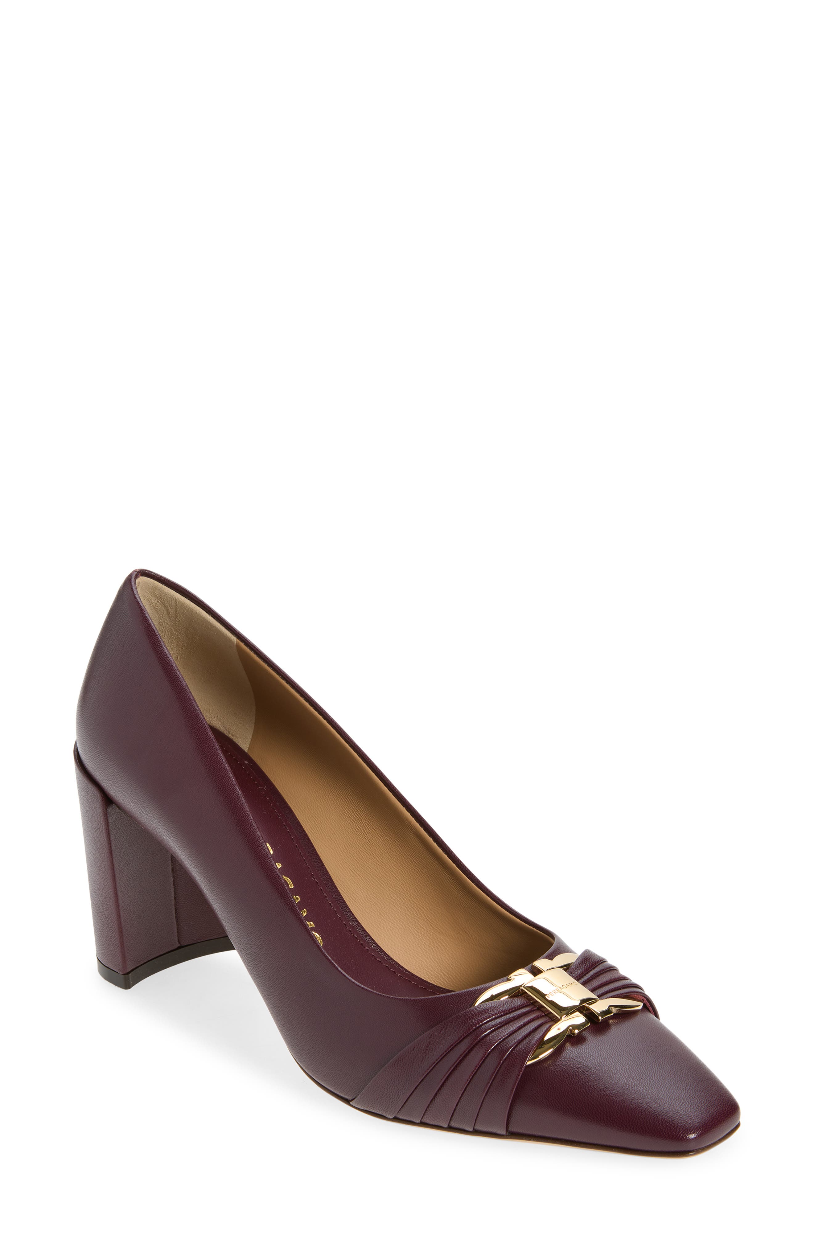 FERRAGAMO Double Gancio Pleated Toe Pump, Main, color, Plum Biscotto