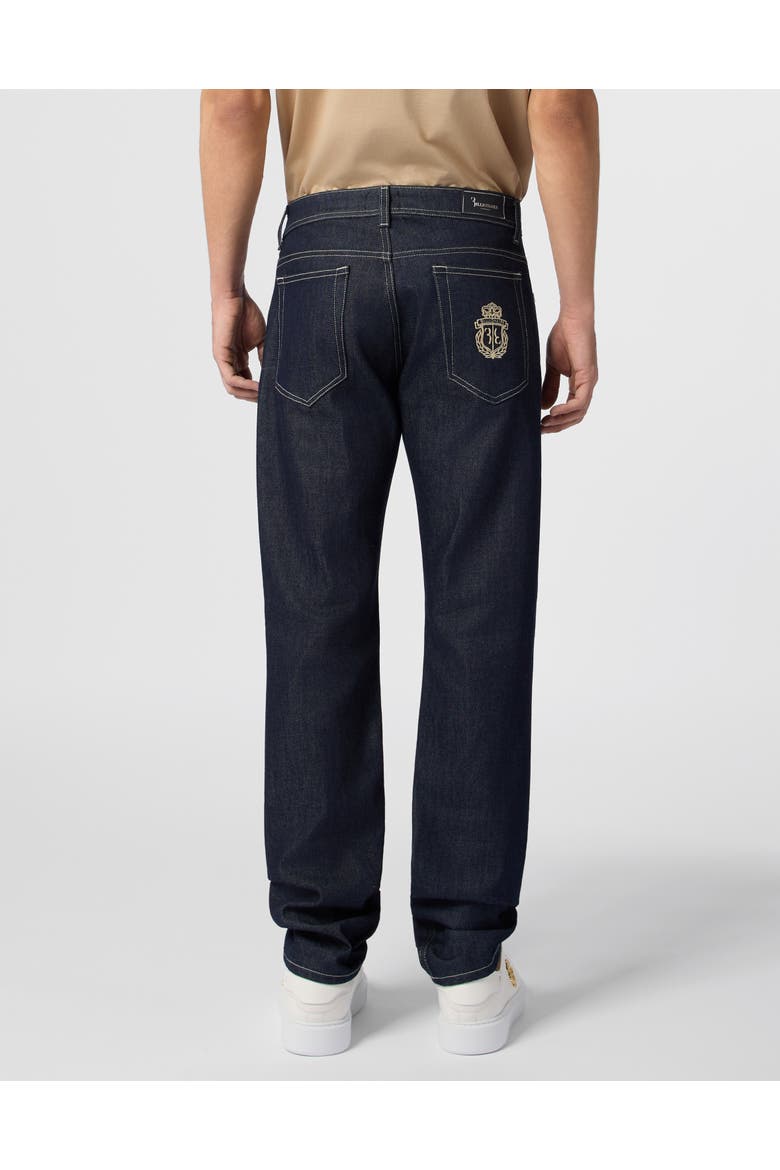 Super Straight Cut Jeans Leather Details Men, Alternate, color, navy