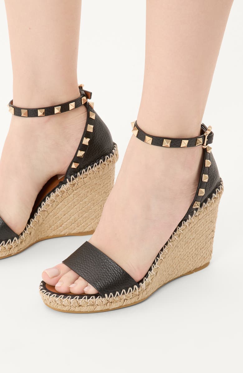 Valentino Rockstud Espadrille Wedge Sandal, Alternate, color, Natural/ Black