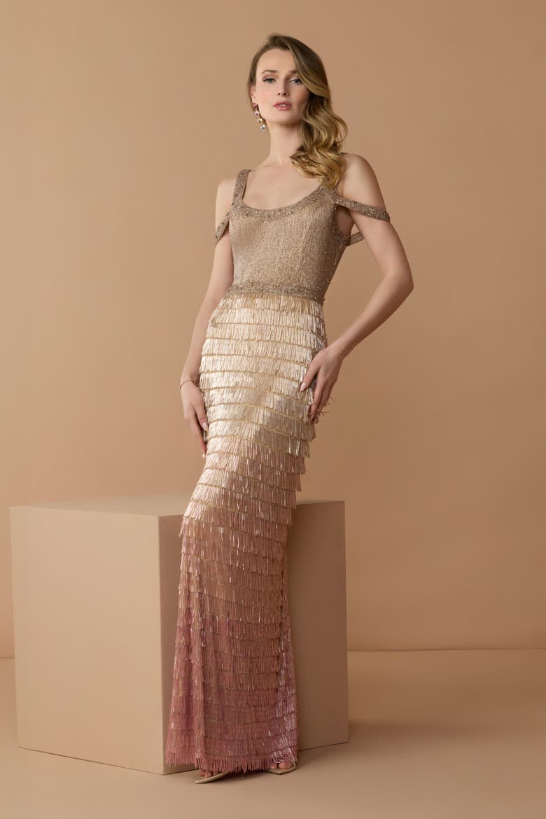 Scoop Neck Embellished Fringe Gown, Alternate, color, Pink Ombre
