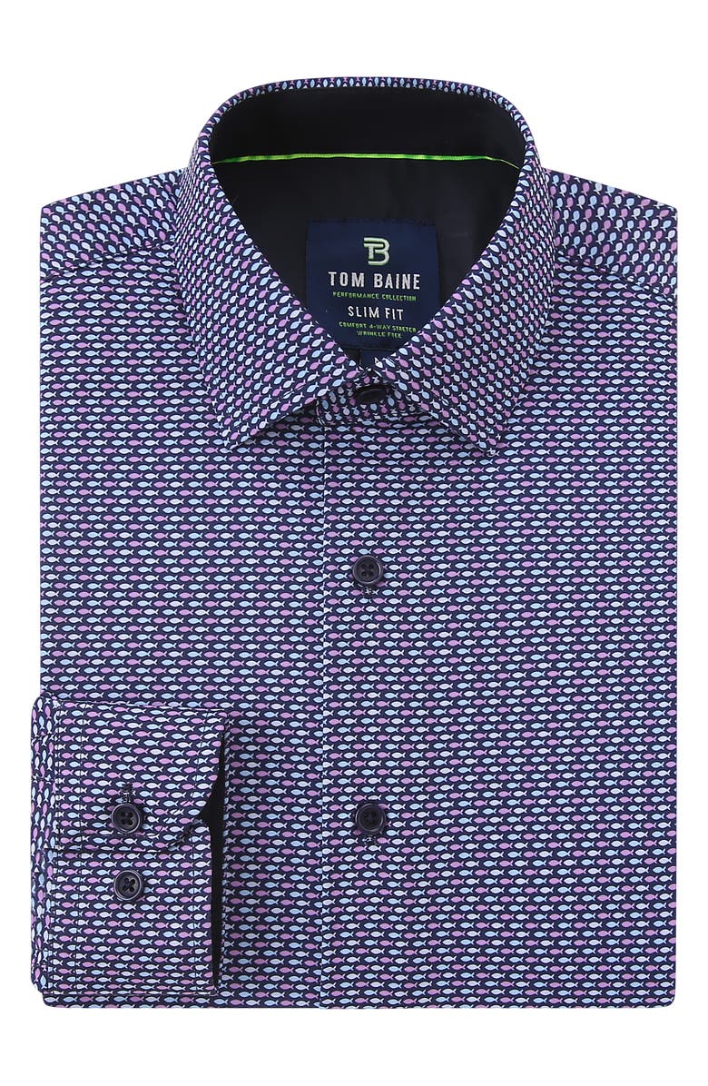 TOM BAINE Fish Print Long Sleeve Slim Fit 4-Way Stretch Shirt, Alternate, color,