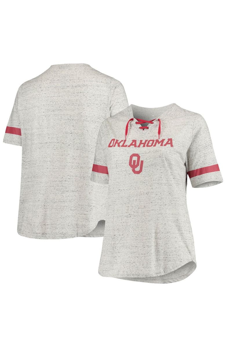 PROFILE Women's Heathered Gray Oklahoma Sooners Plus Size Lace-Up V-Neck T-Shirt, Main, color, Heather Gray