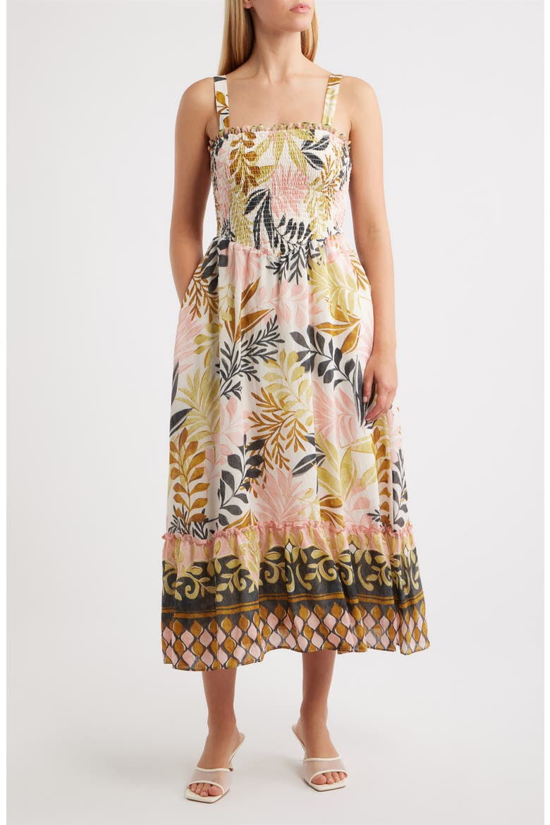 Smocked Sleeveless Maxi Dress, Main, color, IVORY MULTI