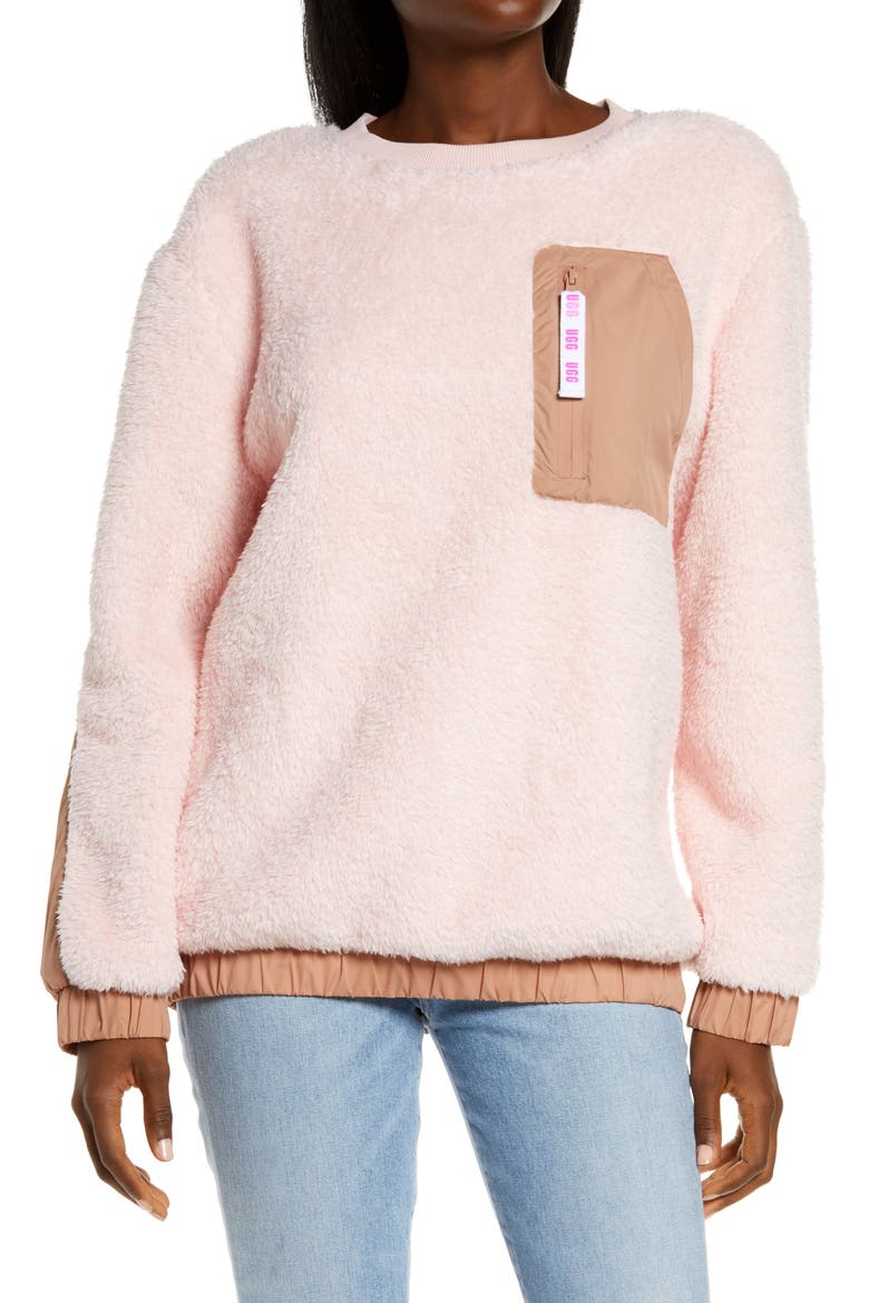 Furry Crewneck Sweatshirt, Main, color, LOTUS BLOSSOM / SANDALWOOD