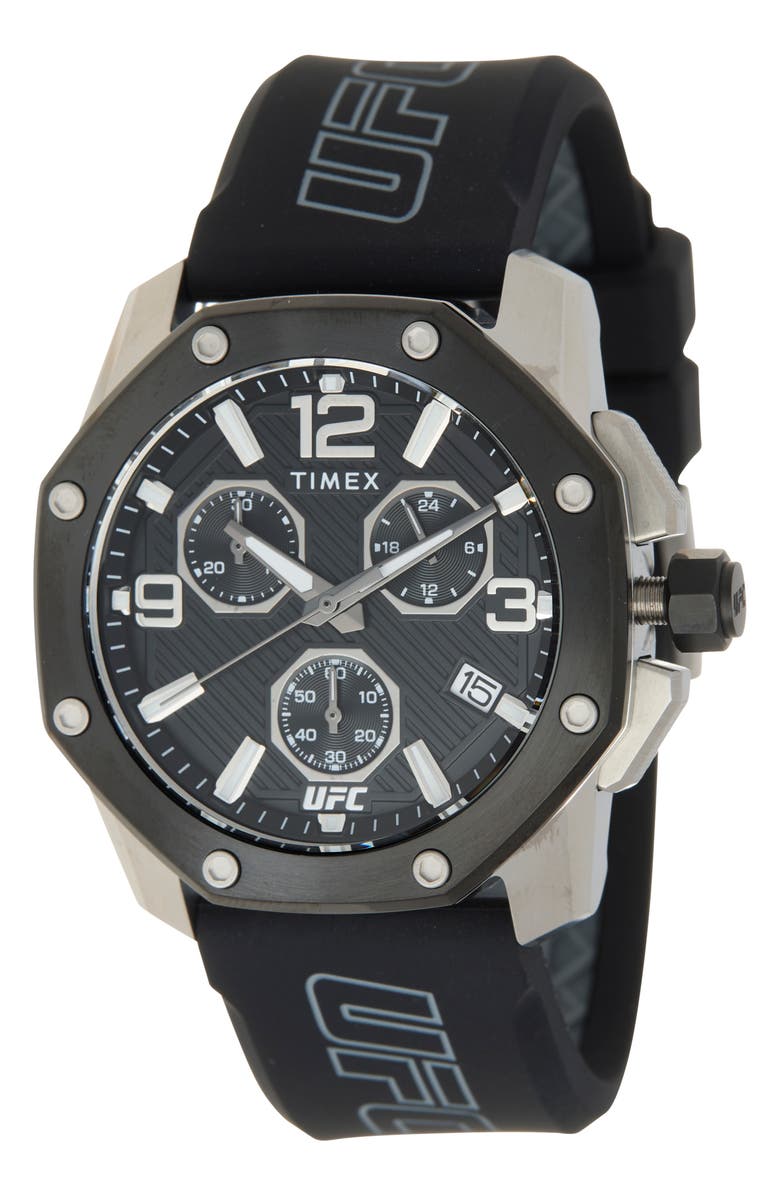 Timex<sup>®</sup> UFC Icon Chronograph Silicone Strap Watch, 45mm, Main, color, Black