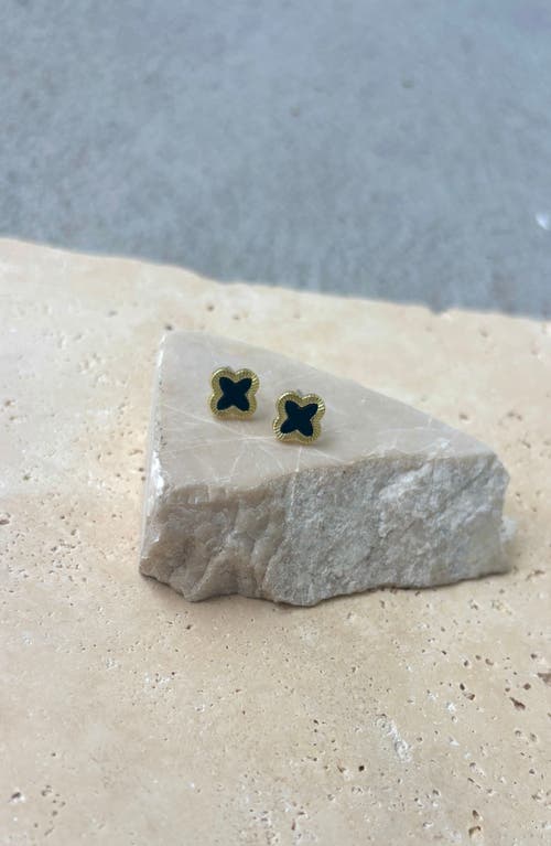Adornia 14k Gold Plated Fluted Edge Black Clover Stud Earrings In Gold