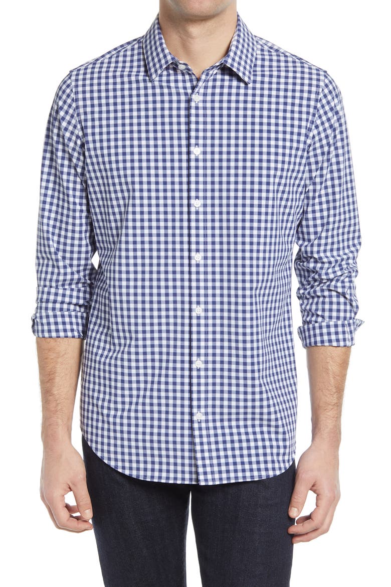Leeward Stretch Check Button-Up Shirt, Main, color, COBALT BLUE GINGHAM