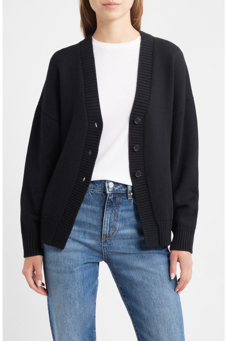 Philippa Cutaway Hem Cotton & Wool Blend Cardigan, Main, color, BLACK