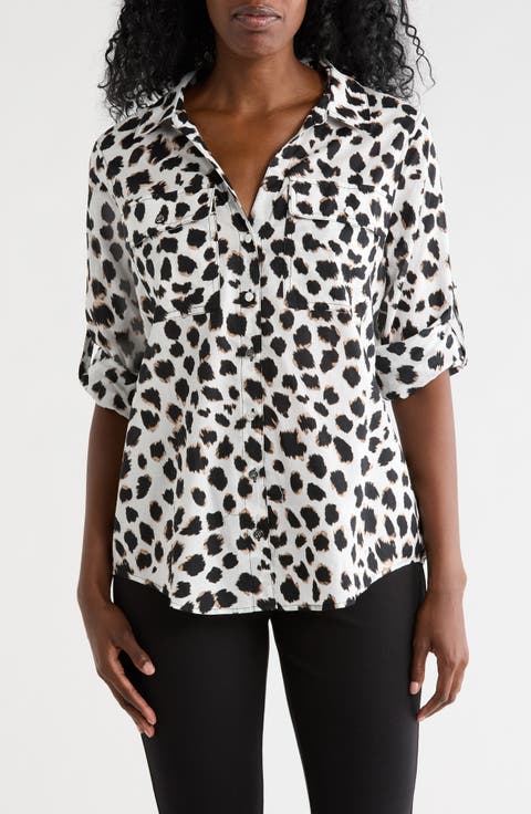 Abstract Print Roll Sleeve Button-Up Shirt