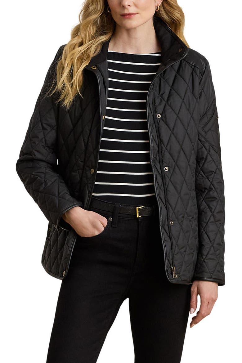 Diamond Quilted Barn Jacket With Faux Leather Trim, Main, color, BLACK