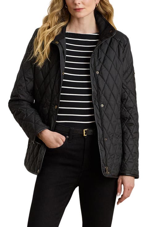 Diamond Quilted Barn Jacket With Faux Leather Trim