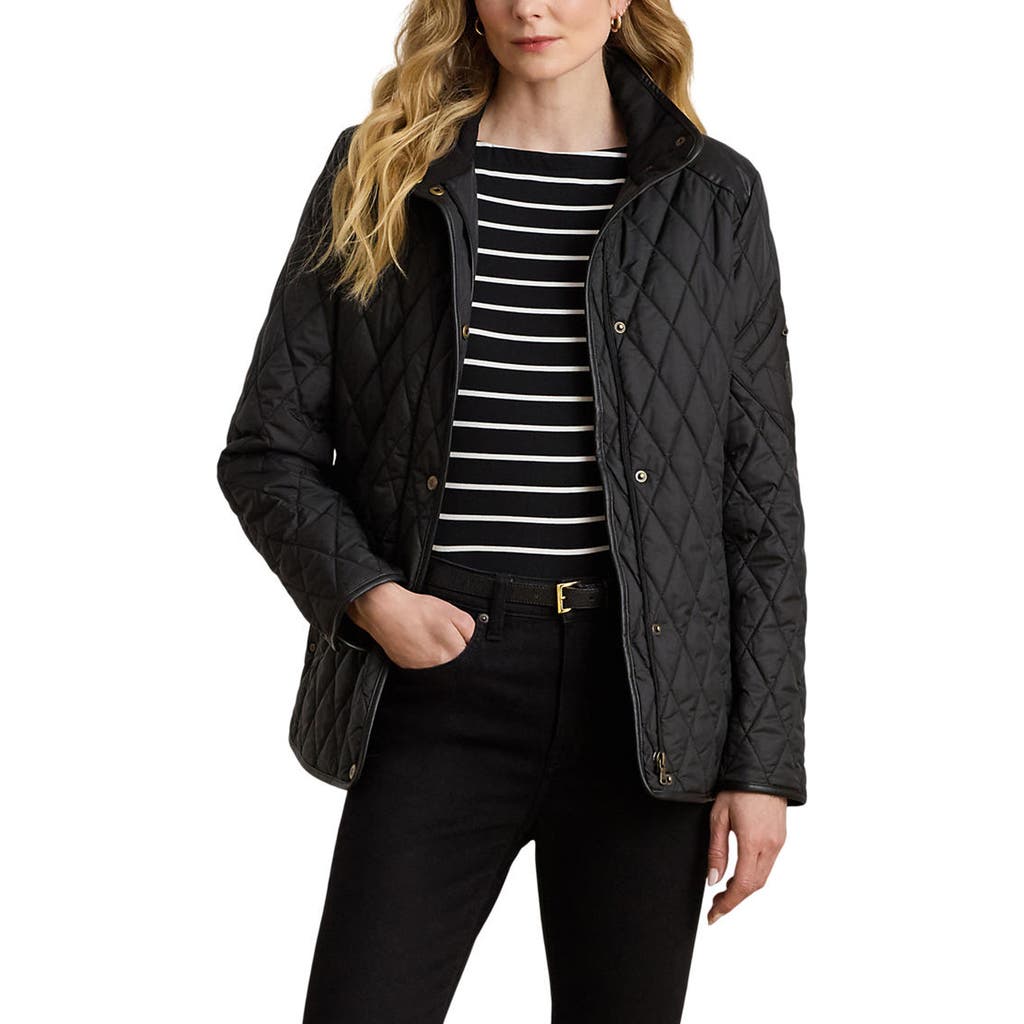 Ralph Lauren Lauren Diamond Quilted Barn Jacket With Faux Leather Trim In Black