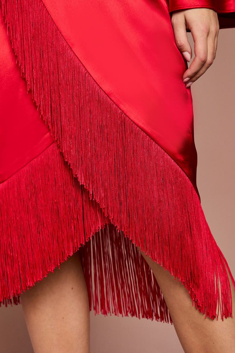 Satin Fringed V-Neck Wrap Dress, Alternate, color, Red