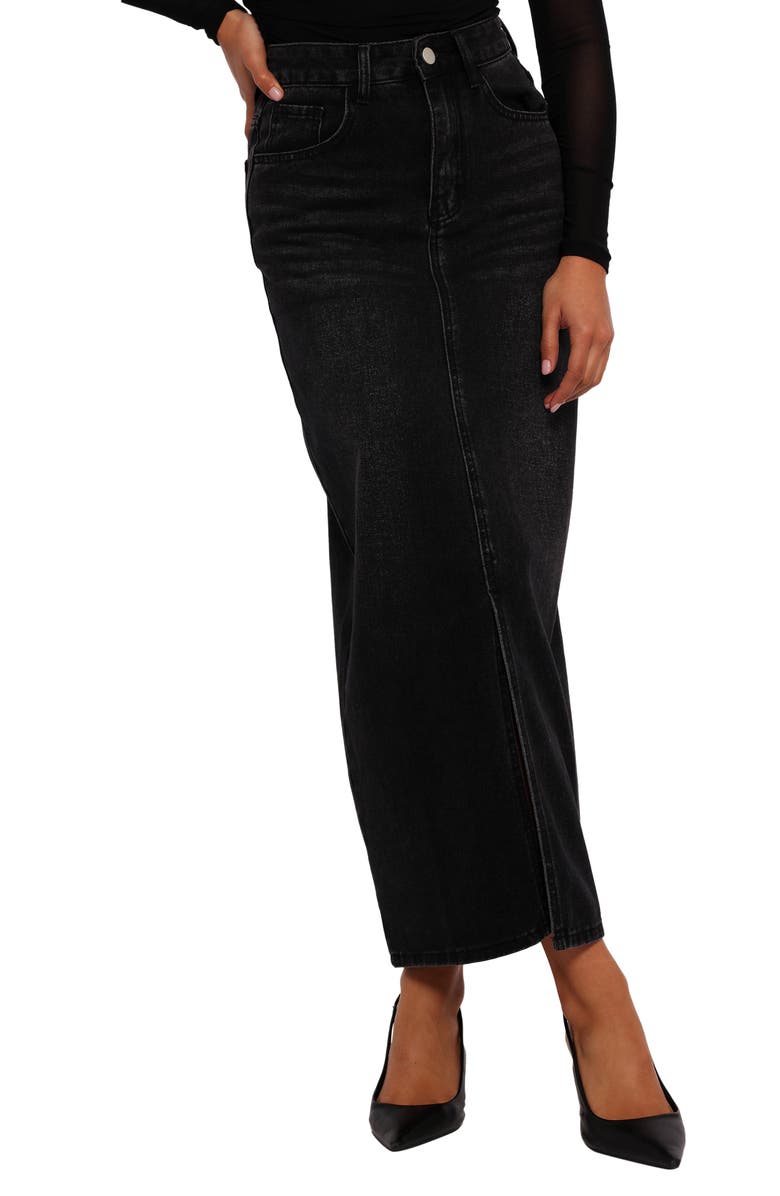 Petal & Pup Dana Front Slit Denim Midi Skirt, Main, color, Black Wash