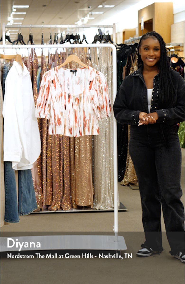 Print Zip Front Puff Sleeve Linen Blend Top, sales video thumbnail