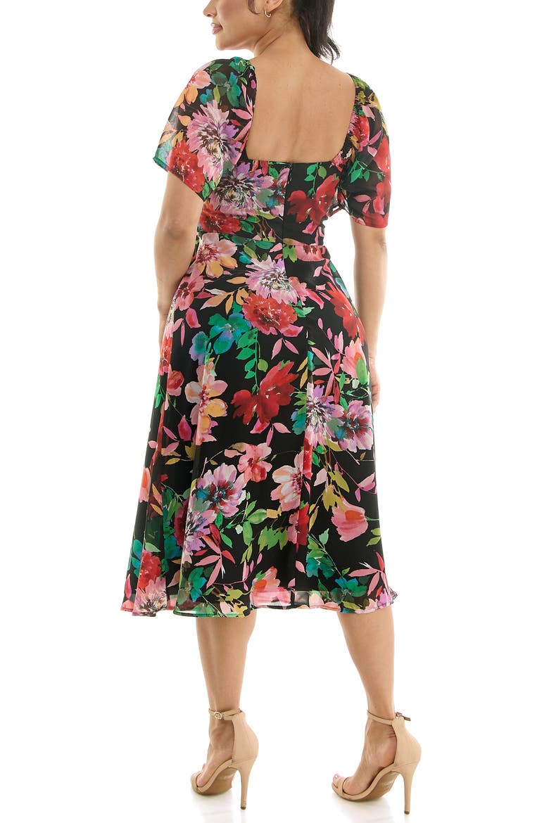 Flutter Sleeve Sweetheart Midi Dress, Alternate, color, BLACK MULTI