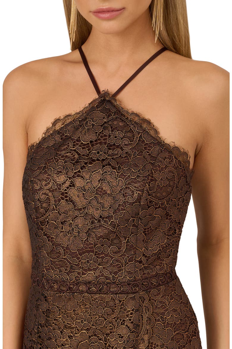 Metallic Lace Halter Cocktail Dress, Alternate, color, BRONZE