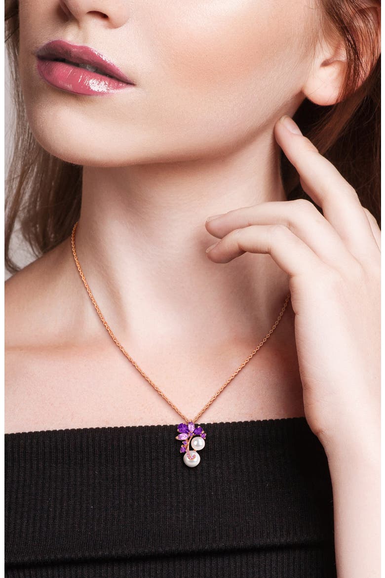 Cultured Freshwater Pearl, Amethyst & Africa Rose de France Necklace & Lever-Back Earrings Set, Alternate, color, MULTI-COLOR