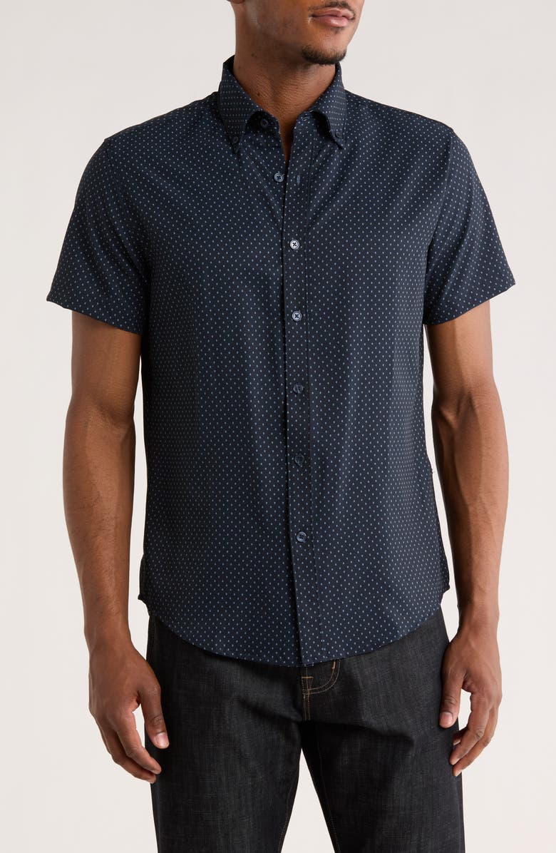 DENIM AND FLOWER Geometric Short Sleeve Button-Down Shirt, Main, color, Navy