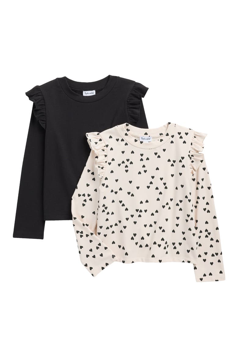 Kids' Assorted 2-Pack Ruffle Long Sleeve T-Shirt, Main, color, BLK HEARTS/BLK