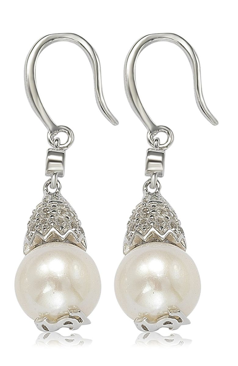 SUZY LEVIAN Sterling Silver 8mm Freshwater Pearl & Created Sapphire Earrings, Alternate, color, White