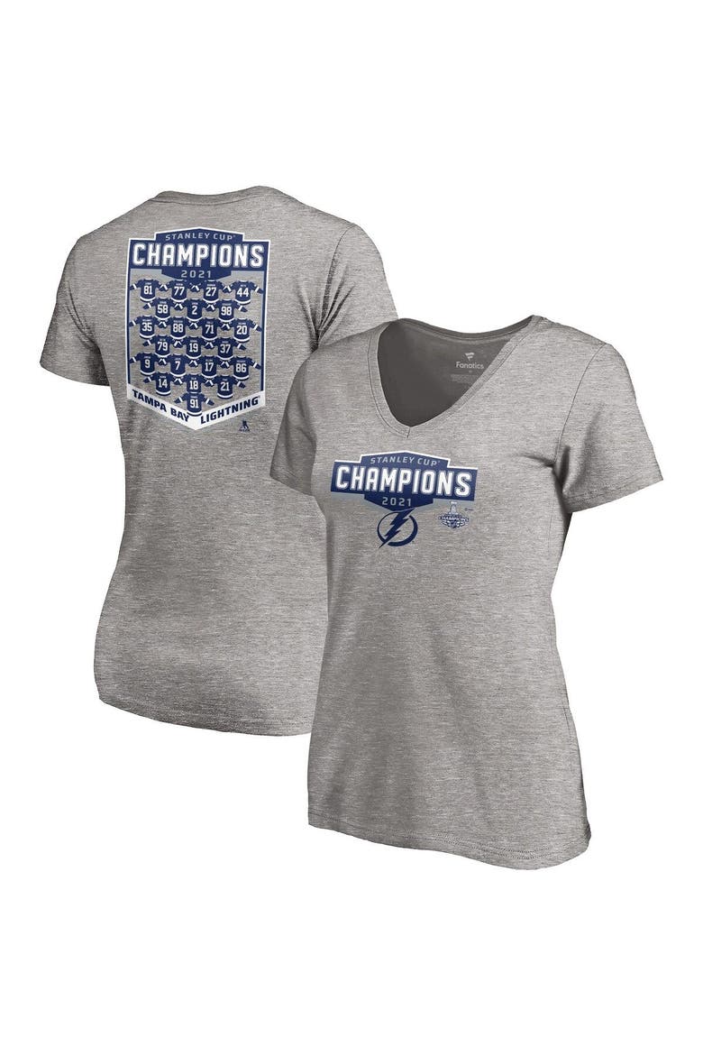 Women's Fanatics Branded Heathered Gray Tampa Bay Lightning 2021 Stanley Cup Champions Jersey Roster V-Neck T-Shirt, Main, color, Heather Gray