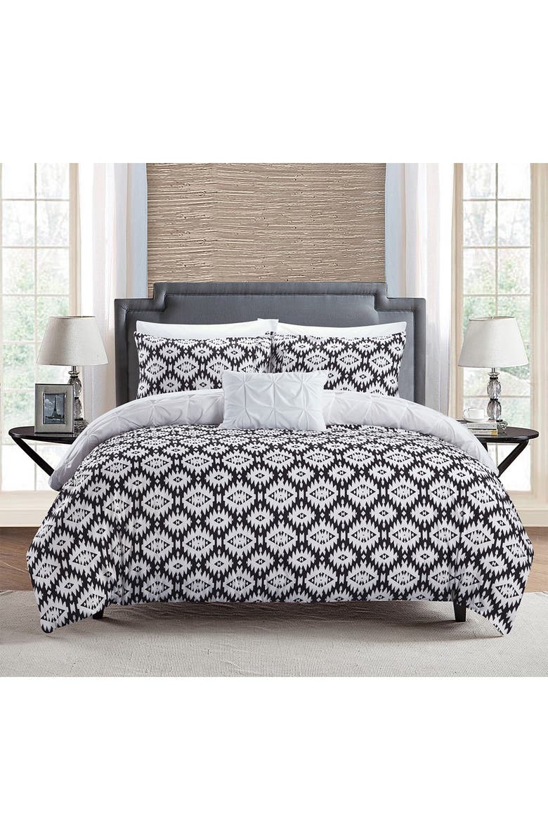 CHIC Queen Aera Pleated Pintuck and Printed Reversible with Elephant Embroidered Pillow Duvet Cover 4-Piece Set - White, Alternate, color, 