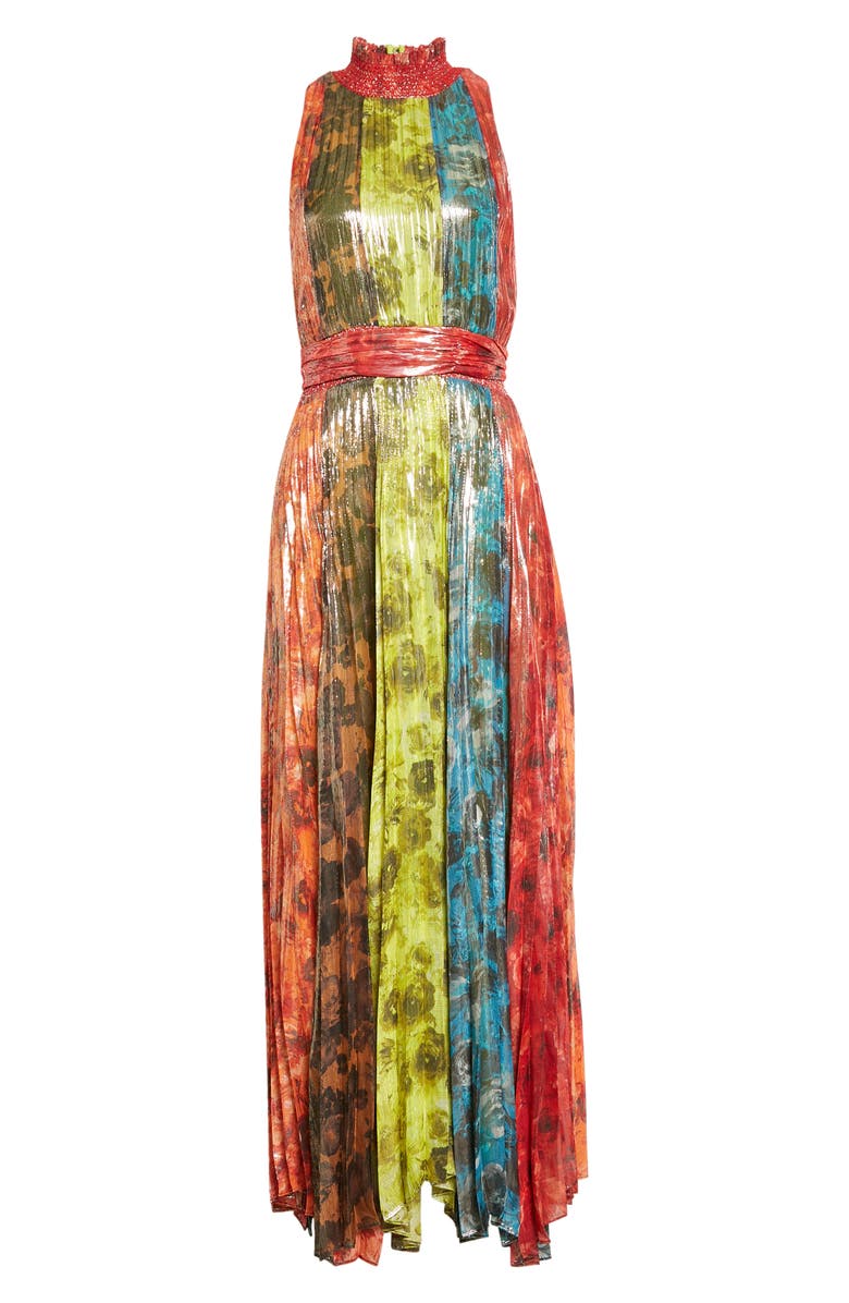 Alice + Olivia Mertie Metallic Stripe Floral Maxi Dress, Alternate, color, 