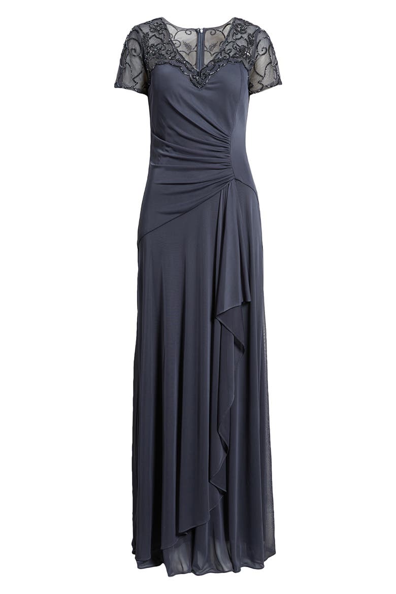 Beaded Short Sleeve Ruched Gown, Alternate, color, CHARCOAL BLUE