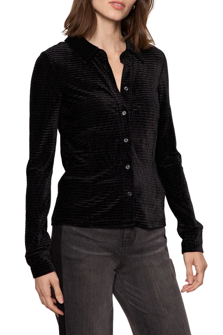 Fitted Textured Stripe Velvet Button-Up Shirt, Main, color, BLACK
