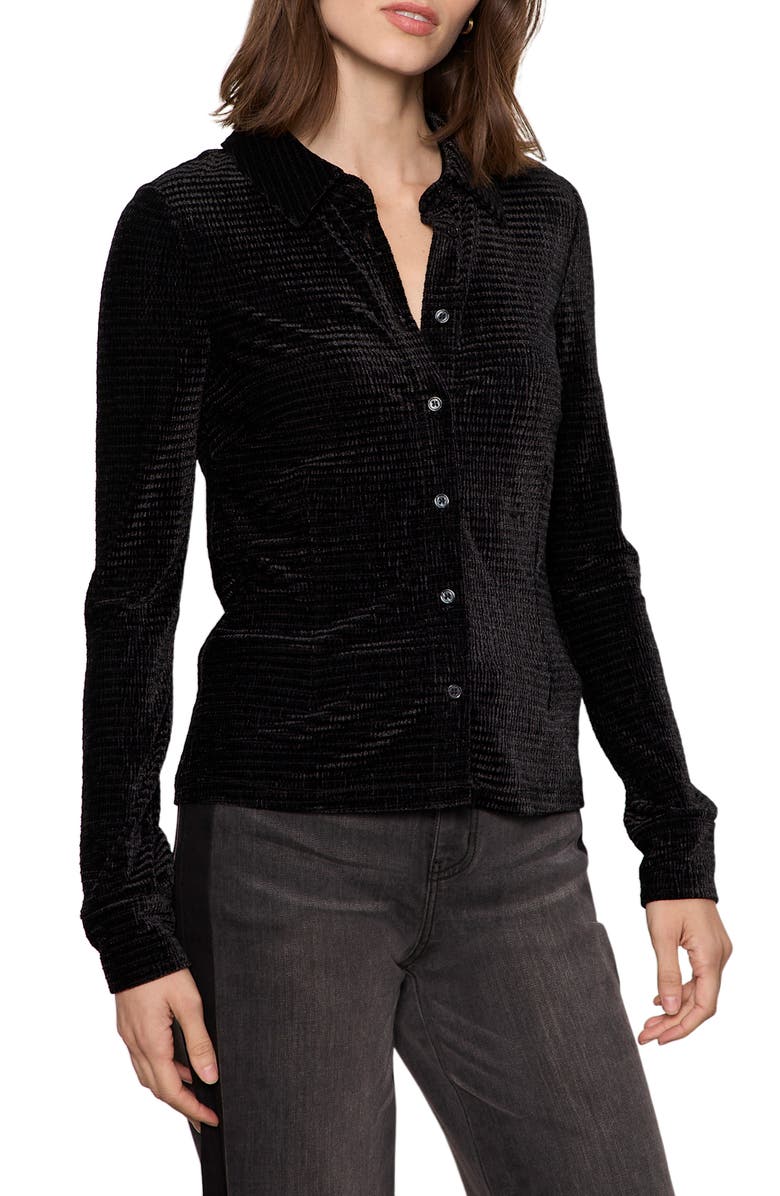 Sanctuary Fitted Textured Stripe Velvet Button-Up Shirt, Main, color, Black