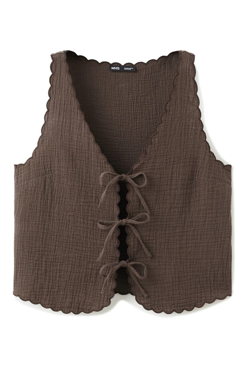 Scalloped Double Gauze Tie Front Top, Alternate, color, CHOCOLATE