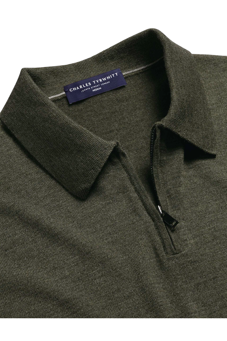 Merino Zip Polo Neck Long sleeve, Alternate, color, Olive Green