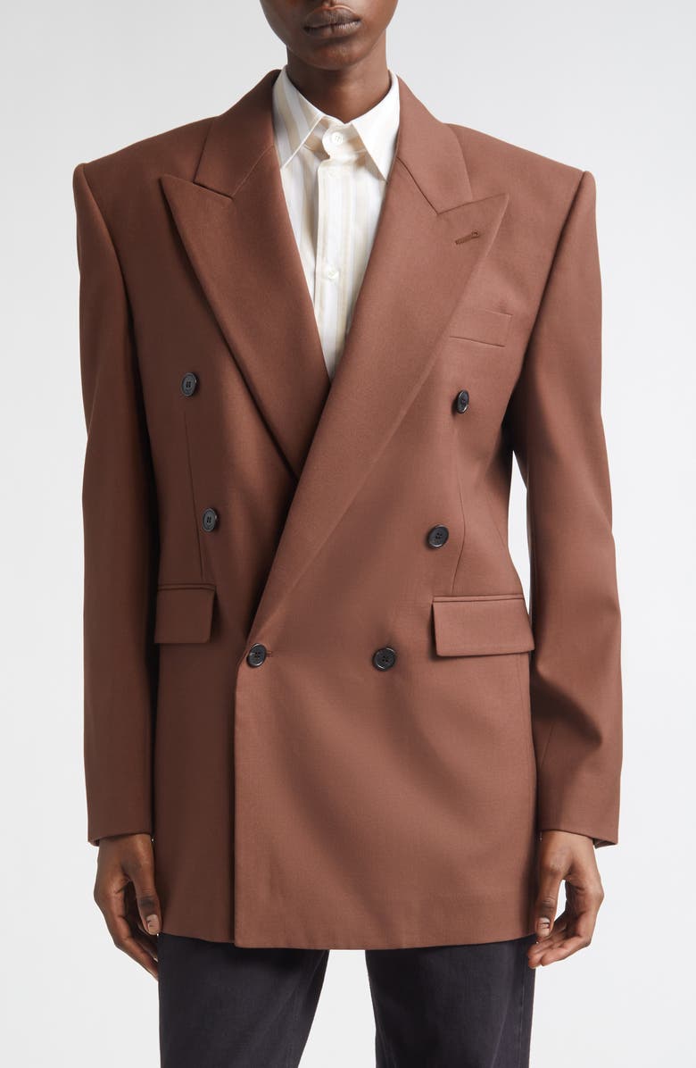 Saint Laurent Double Breasted Wool Gabardine Blazer, Main, color, Brun Girofle