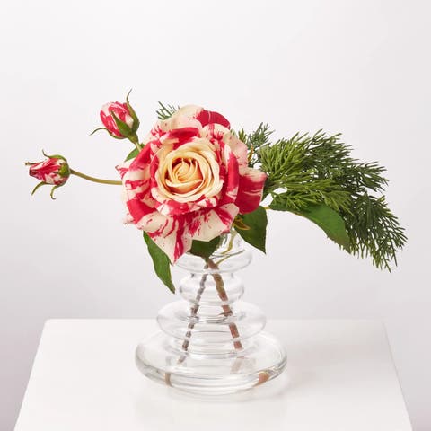 Real Touch Candy Cane Juliette Rose Bloom & Bud with Juniper Berry Greenery in Layered Vase Christmas Water Illusion Arrangement
