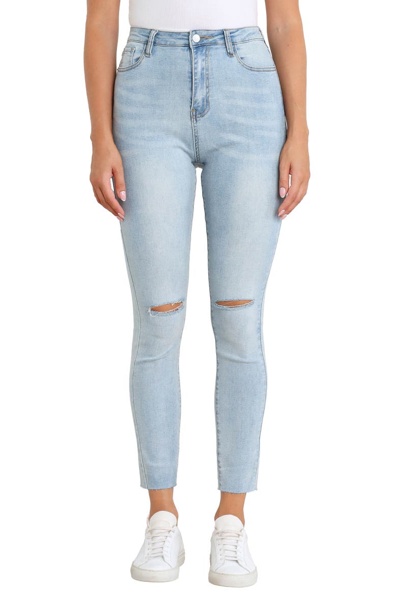 Petal & Pup Hadie Ripped Raw Hem Ankle Skinny Jeans, Main, color, Light Blue Wash