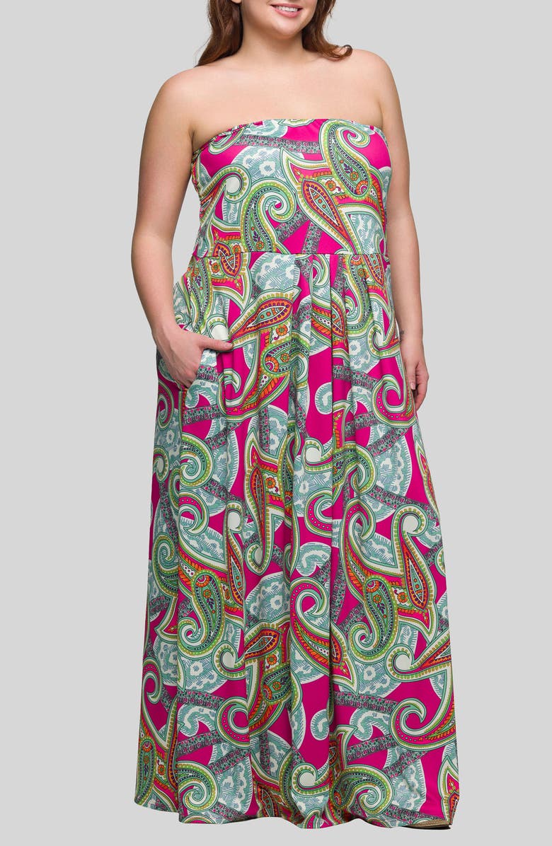 24seven Comfort Apparel Print Strapless Maxi Dress, Alternate, color, Pink Multi
