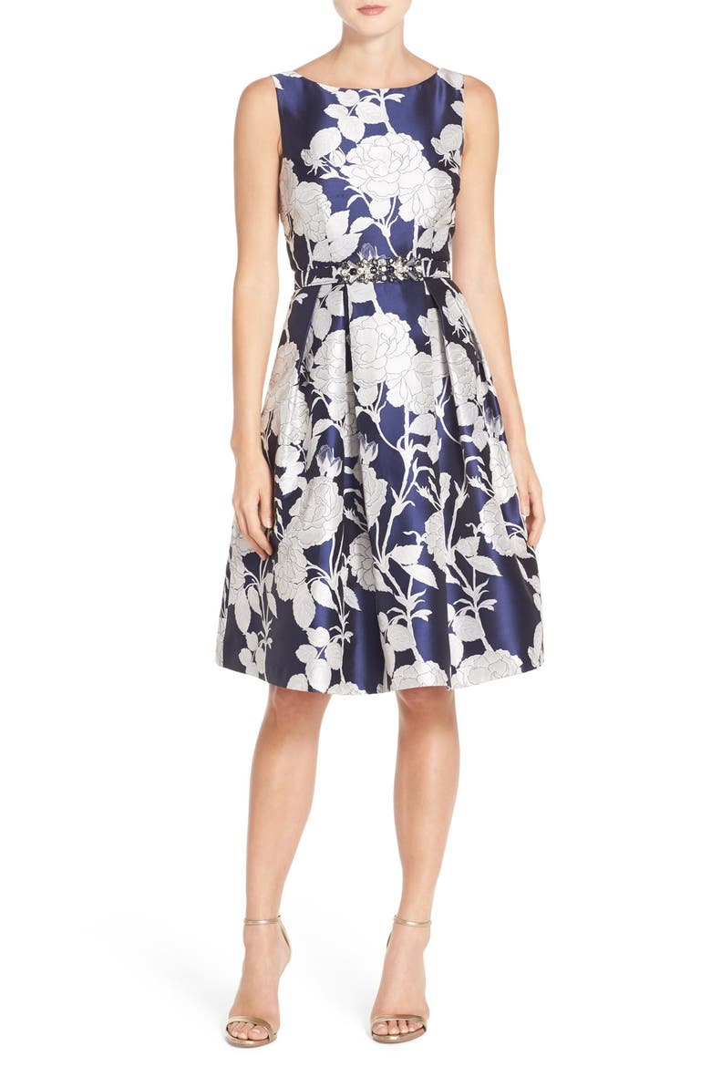 Belted Jacquard Dress, Main, color, NEW SILVER