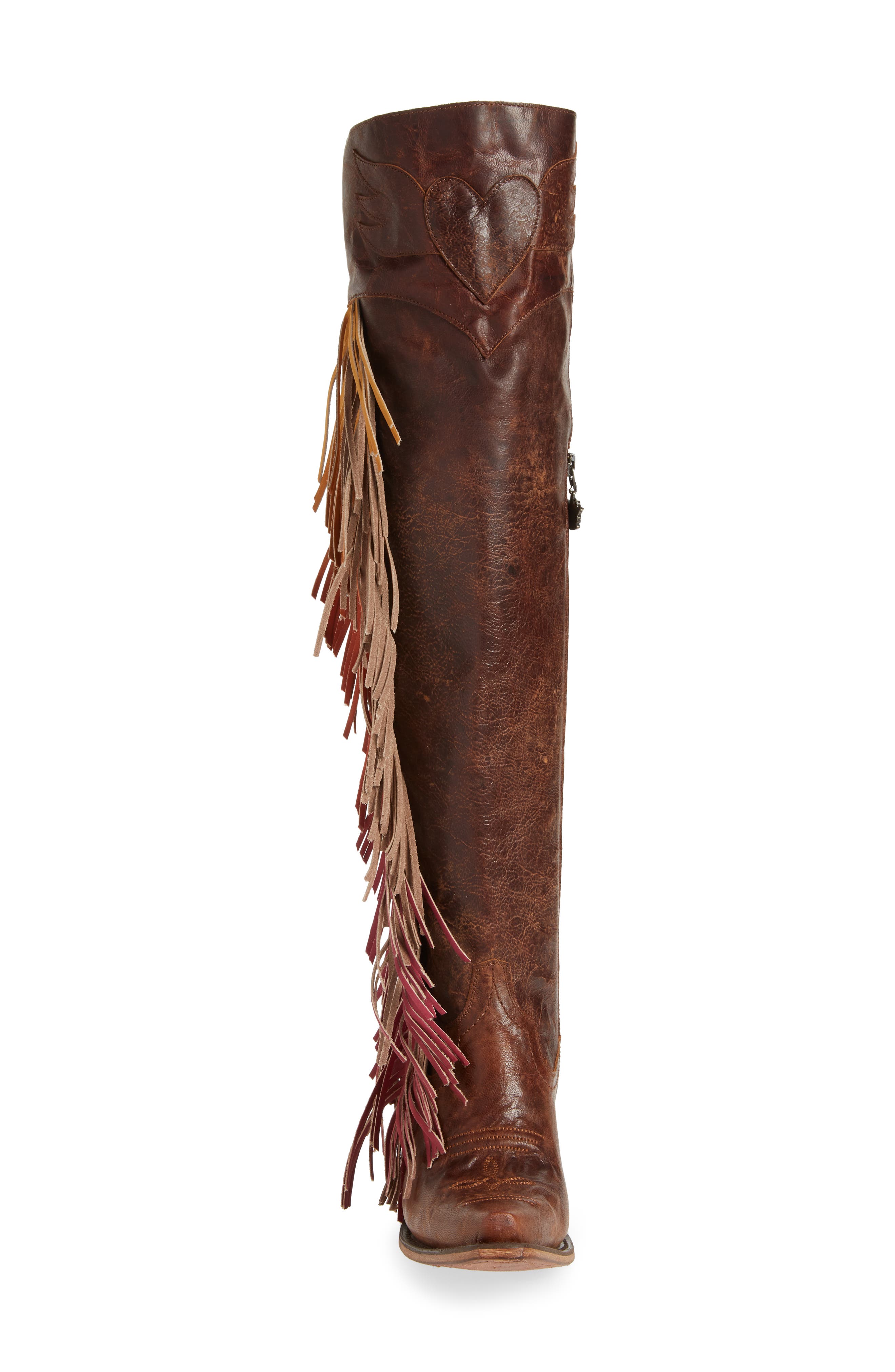 Fringe Over the Knee Western Boot, Alternate, color, BROWN LEATHER