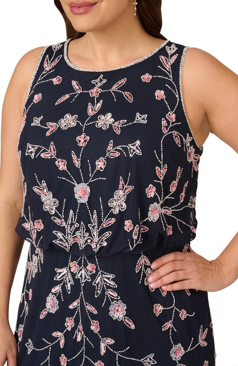 Adrianna Papell Floral Embellished Mesh Midi Gown, Alternate, color, 