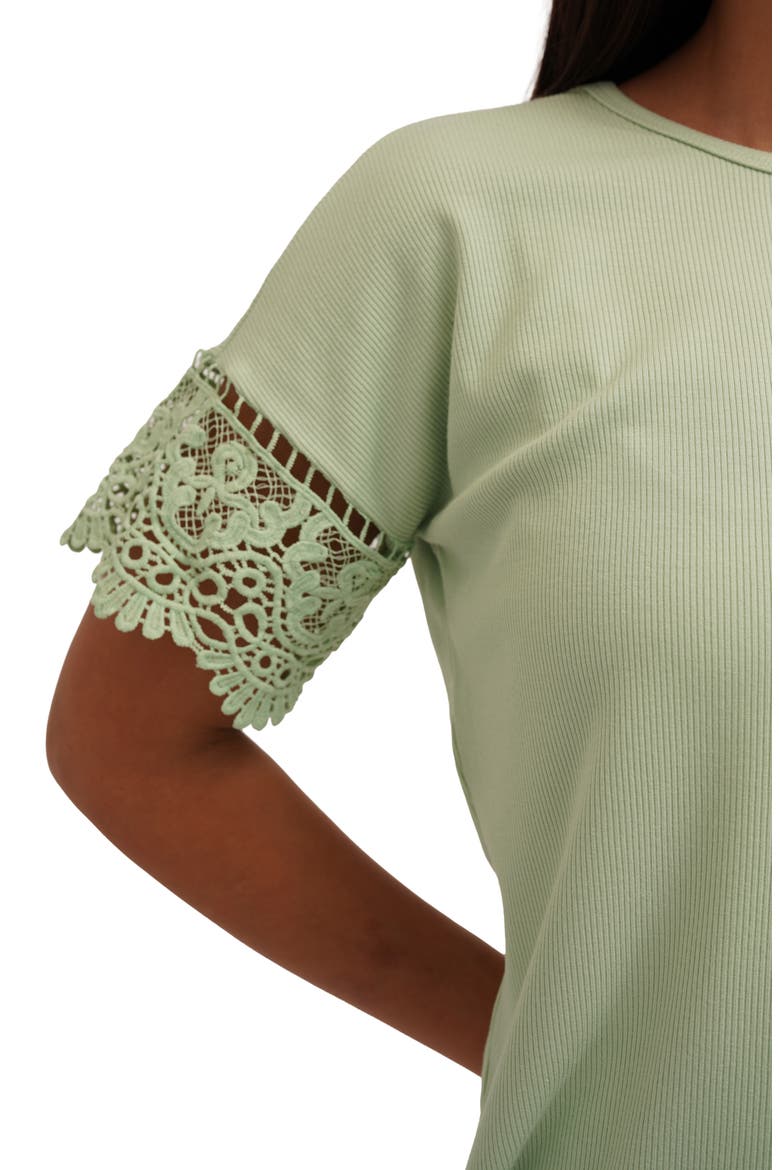 Lace Trim Short Sleeve Ribbed Top, Alternate, color, MINT GREEN