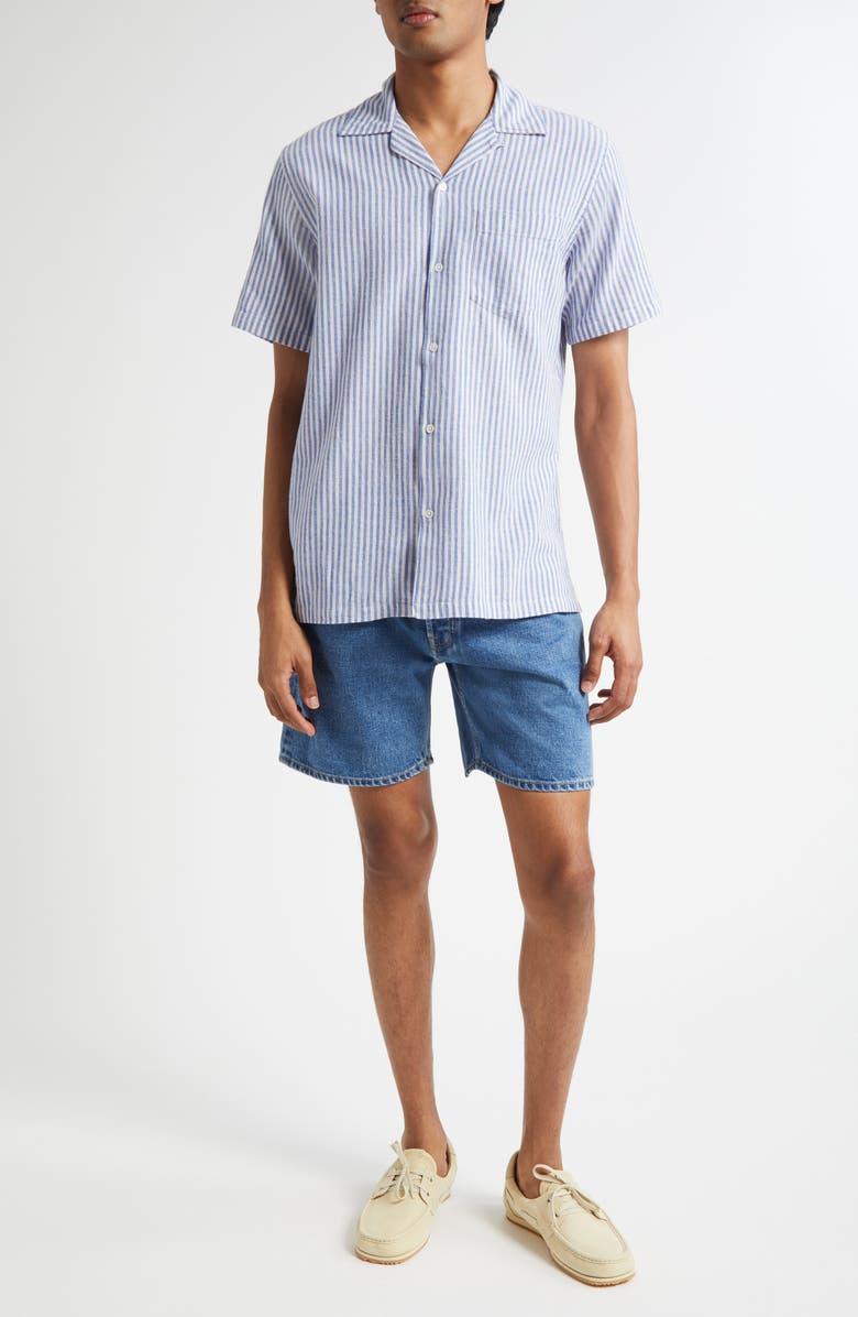 Drake's Stripe Cotton & Linen Camp Shirt, Alternate, color, Blue