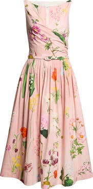 Oscar de la Renta Mixed Botanical Cotton Stretch Poplin Midi Dress