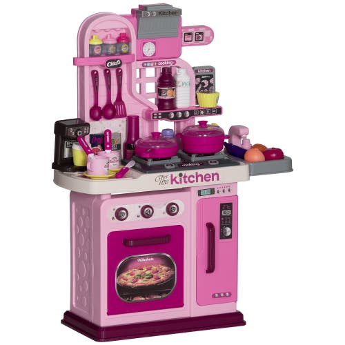 Qaba Kids Play Kitchen, Lights, Sounds, 33 Accessories, Storage in Pink 