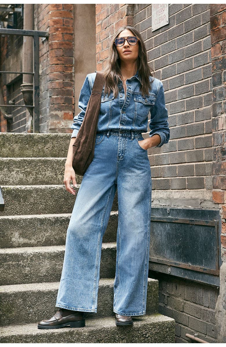 NASTY GAL Denim Shoulder Pad Boilersuit, Alternate, color, Stonewash