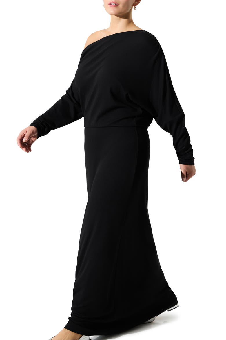 Amia One-Shoulder Long Sleeve Jersey Maxi Dress, Alternate, color, BLACK