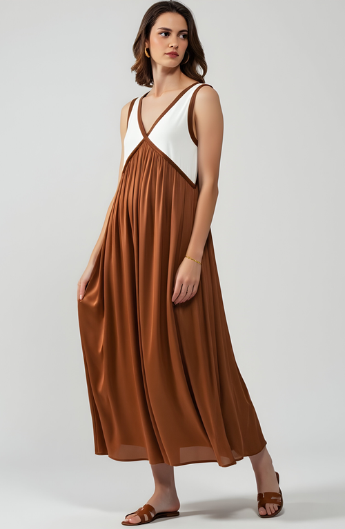 Modenaire Sleeveless Colorblock Maxi Dress With Empire Waist And V-neckline In Multi