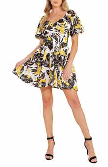 FLYING TOMATO Leaf Print Puff Sleeve Fit & Flare Dress